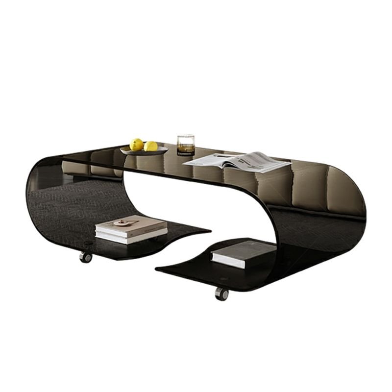 Crystal Glide Modern Glass Coffee Table with clear glass top, wheel base, and two storage shelves