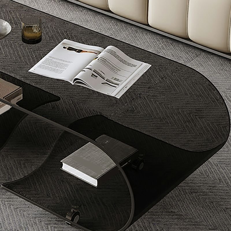 Crystal Glide Modern Glass Coffee Table with clear glass top, wheel base, and two storage shelves