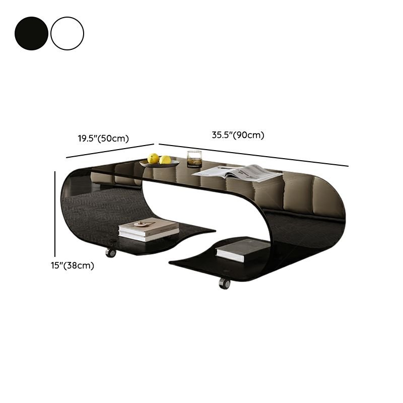 Crystal Glide Modern Glass Coffee Table with clear glass top, wheel base, and two storage shelves
