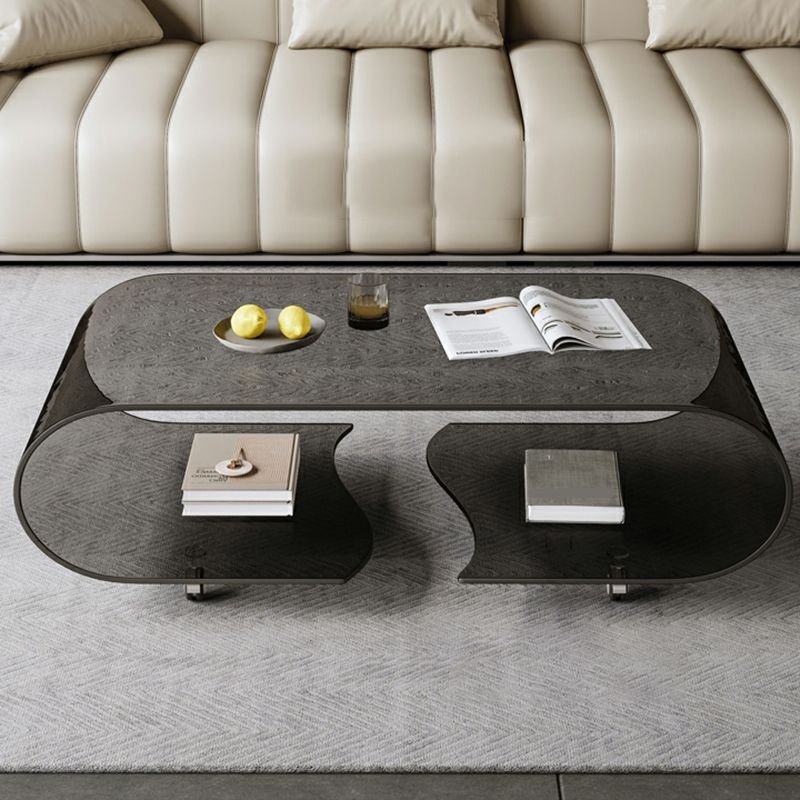 Crystal Glide Modern Glass Coffee Table with clear glass top, wheel base, and two storage shelves