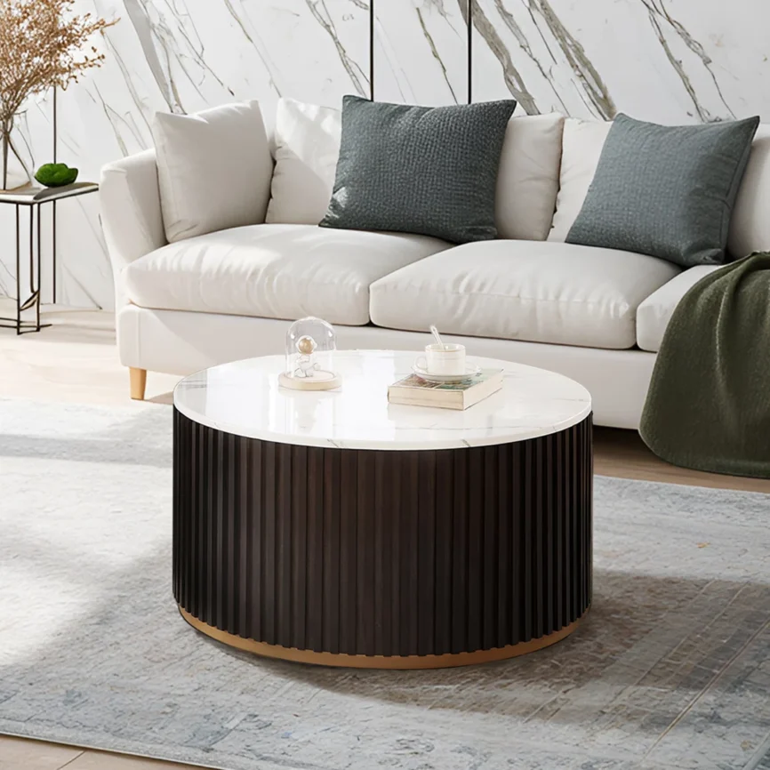 round drum coffee table with faux marble lid and hidden storage