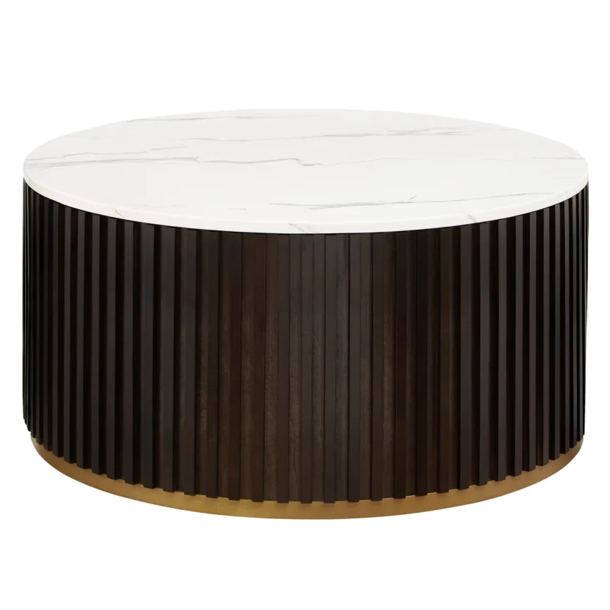 round drum coffee table with faux marble lid and hidden storage