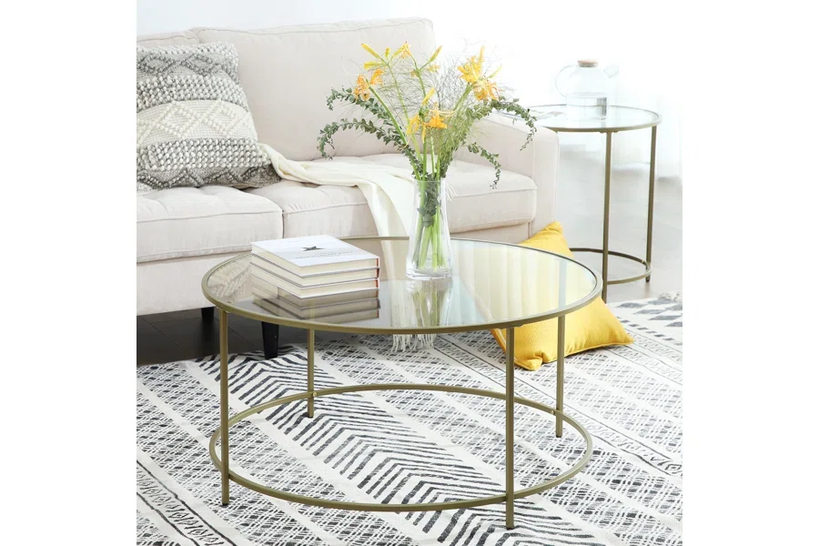 doynton round glass coffee table with gold steel frame