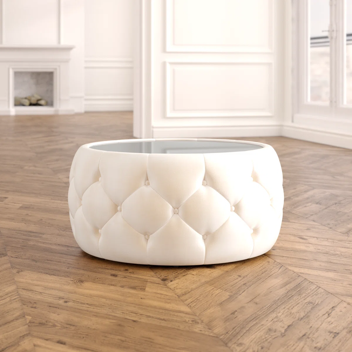 eraman round glass top coffee table with velvet drum base