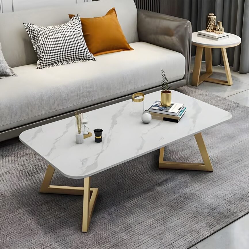 glam rectangular stone top coffee table with black and gold iron base