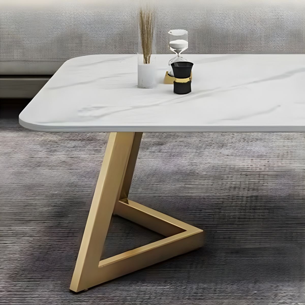 glam rectangular stone top coffee table with black and gold iron base