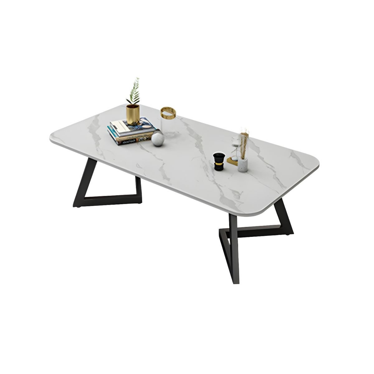 glam rectangular stone top coffee table with black and gold iron base