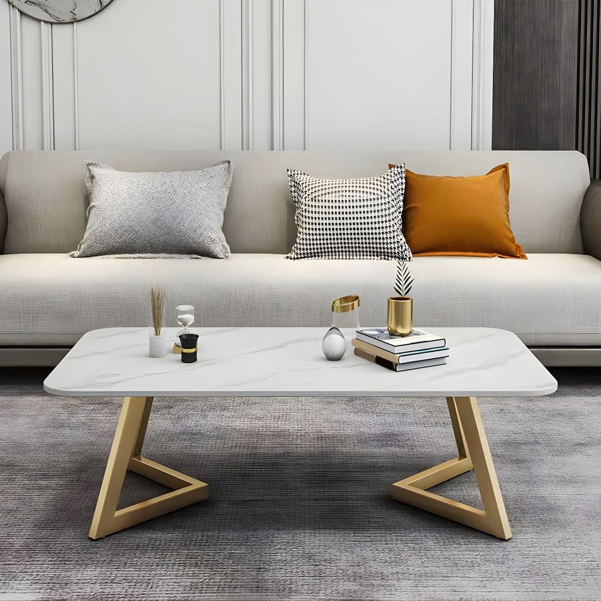 glam rectangular stone top coffee table with black and gold iron base