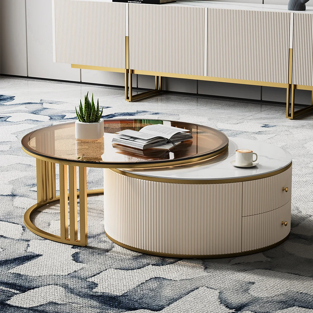 grovyn rotating nesting coffee table with gold stainless steel frame