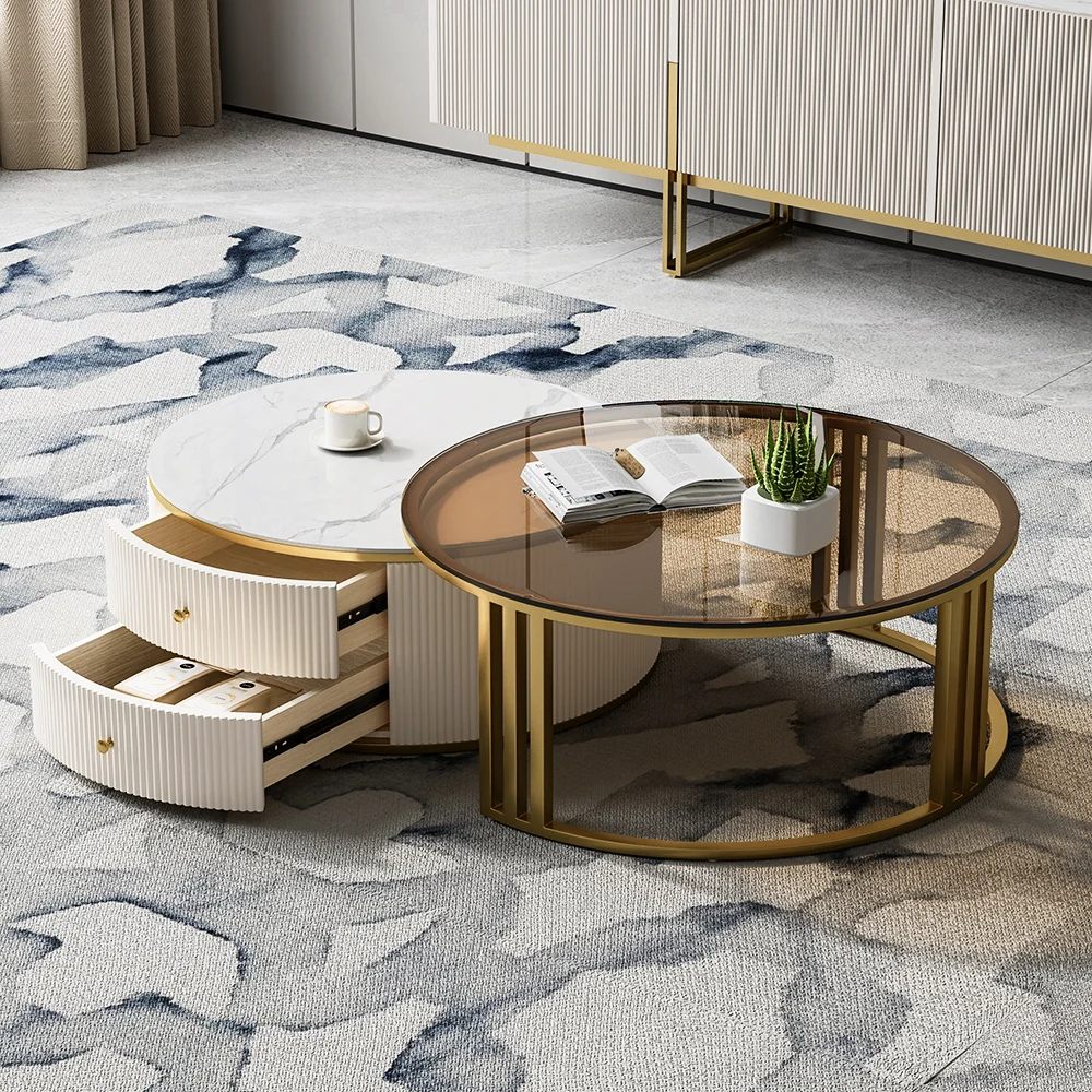 grovyn rotating nesting coffee table with gold stainless steel frame