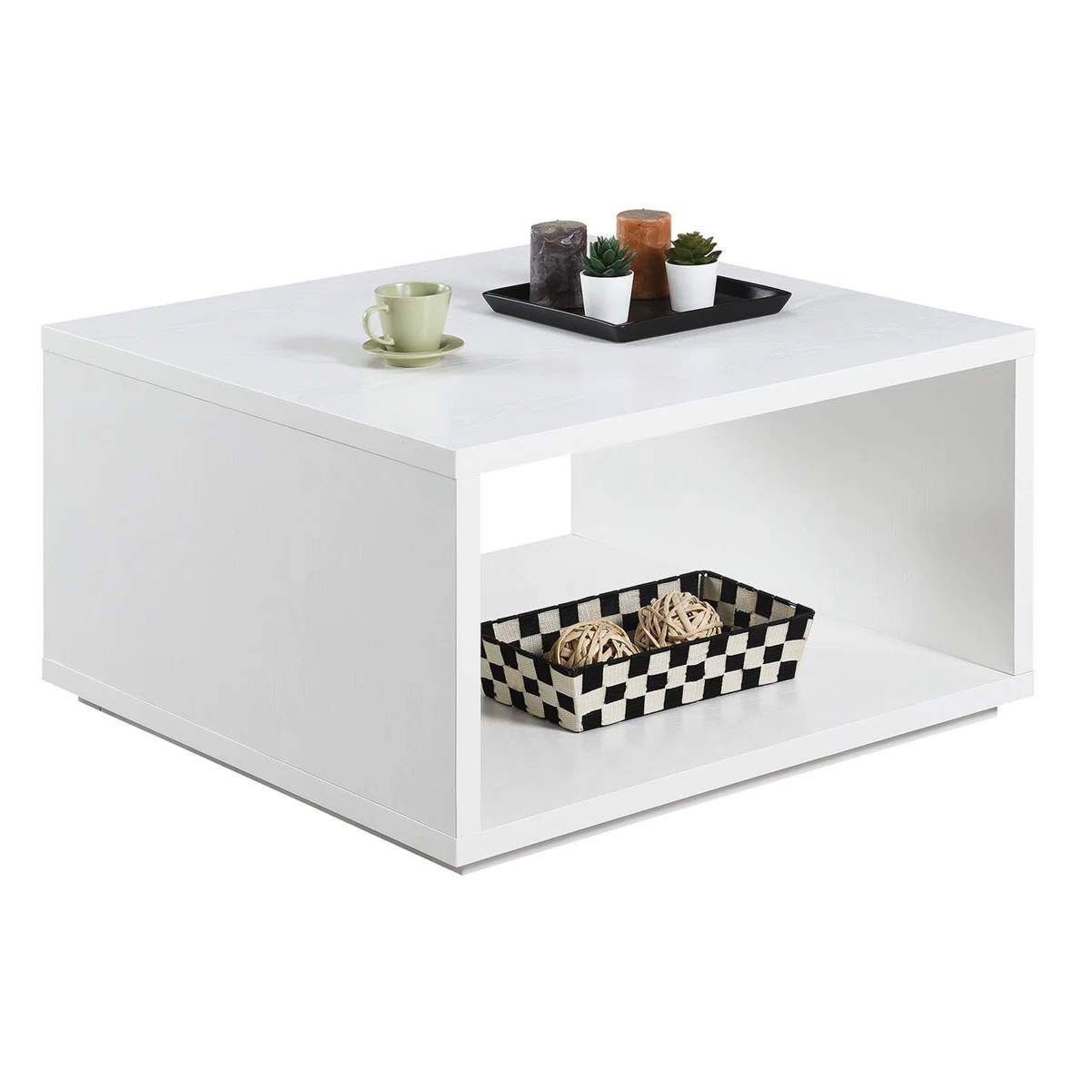 square coffee table with bottom storage shelf in modern finish