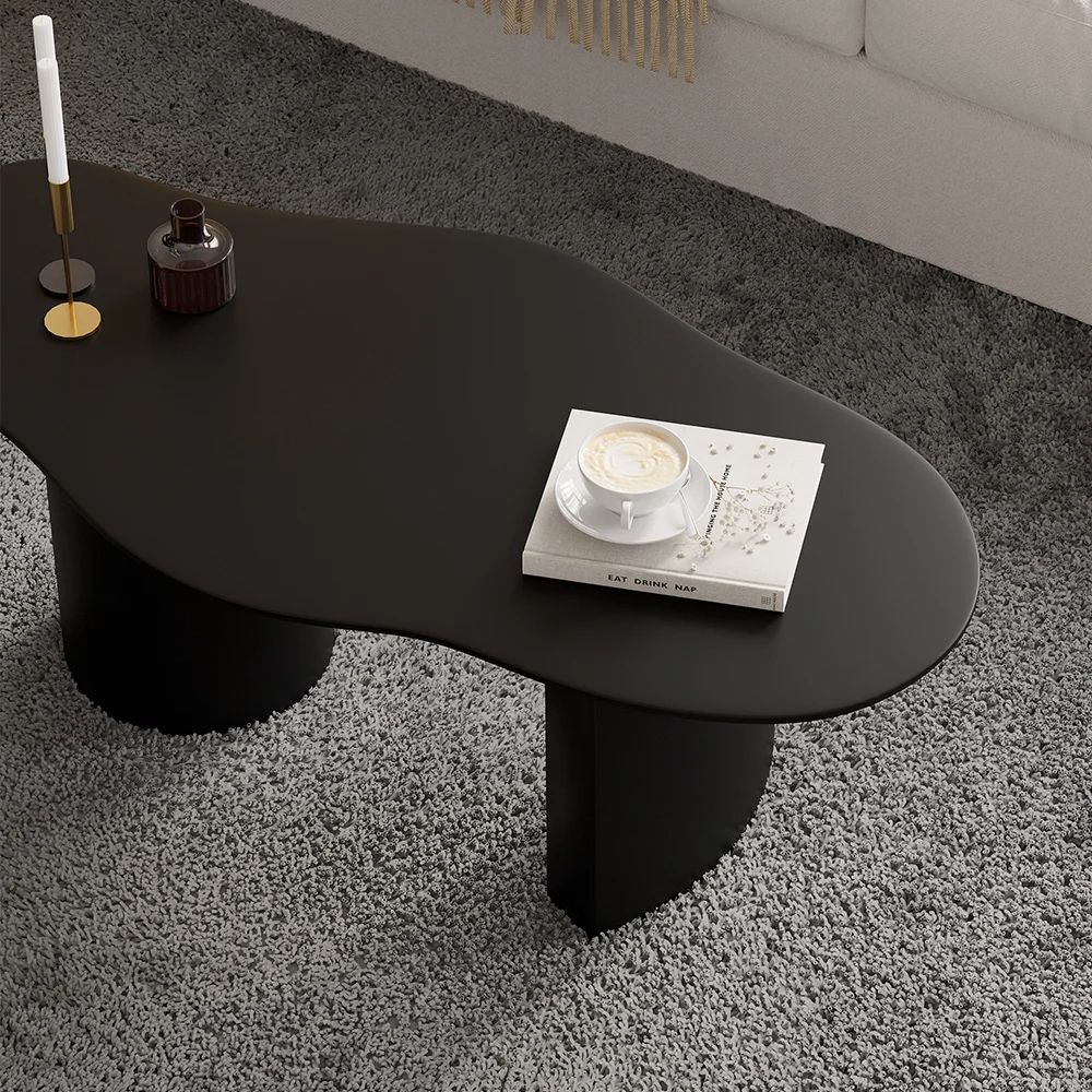 Kumo Eclipse Coffee Table with abstract cloud-shaped silhouette, black engineered wood top, and double pedestal base—modern Japandi design for living rooms.