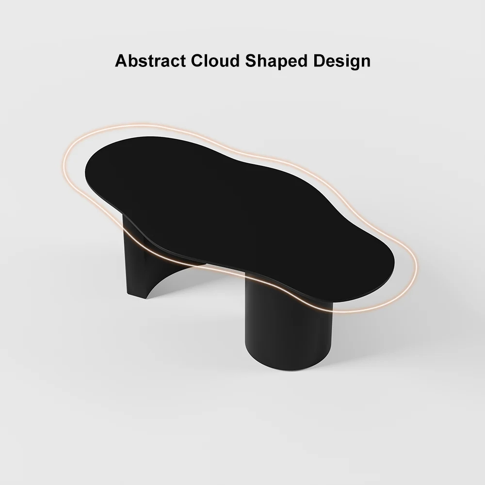 Kumo Eclipse Coffee Table with abstract cloud-shaped silhouette, black engineered wood top, and double pedestal base—modern Japandi design for living rooms.