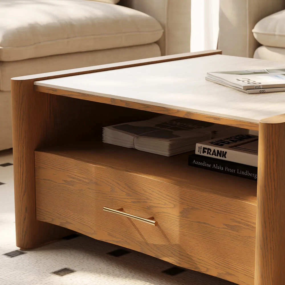 liora mid century coffee table with travertine slabs