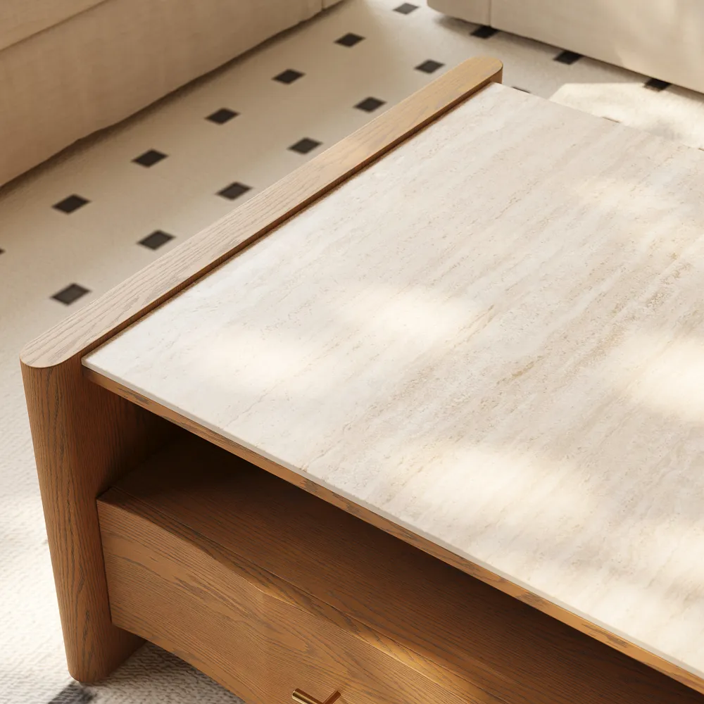 liora mid century coffee table with travertine slabs