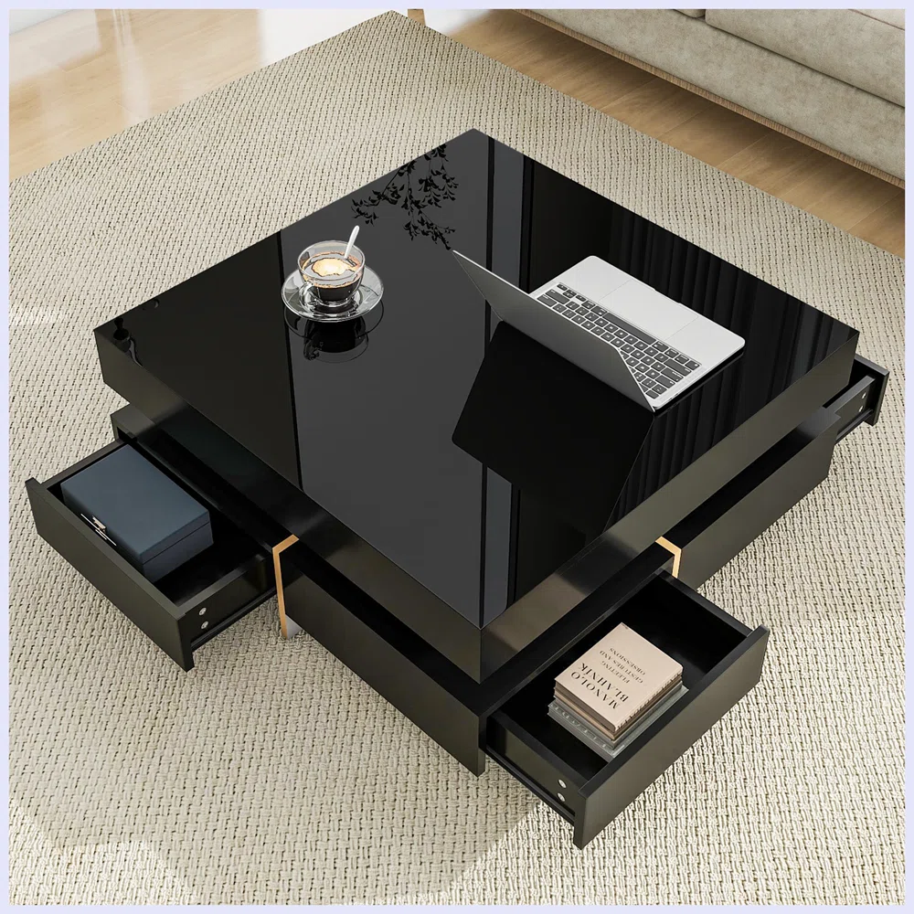 liora high‑gloss square coffee table with drawers