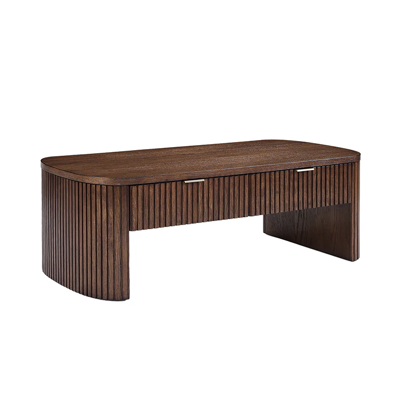 Rectangular modern coffee table with fluted drawer fronts, solid wood frame, oak veneer, and two concealed storage drawers