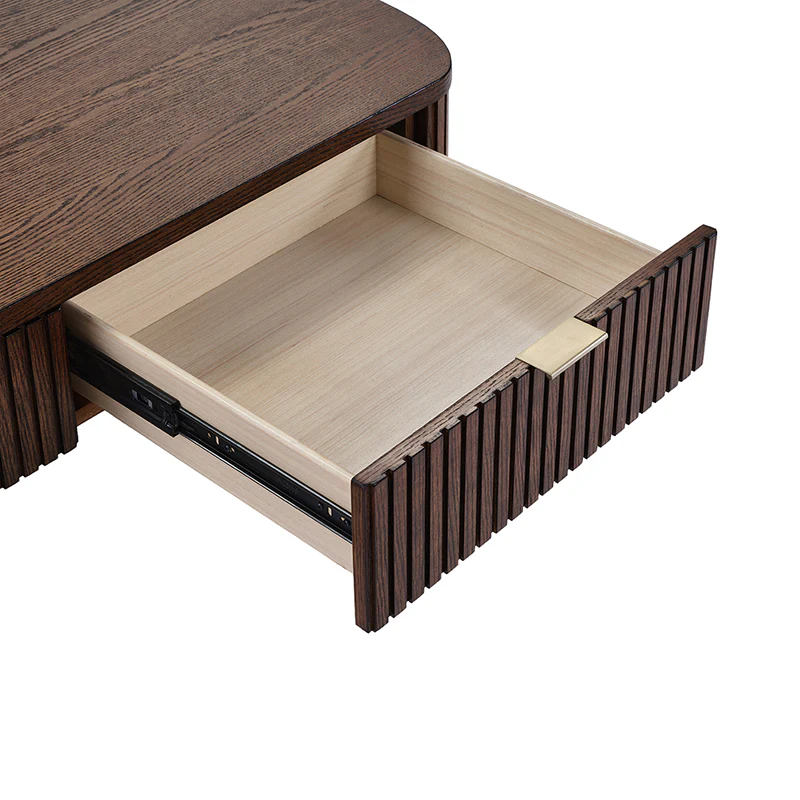 Rectangular modern coffee table with fluted drawer fronts, solid wood frame, oak veneer, and two concealed storage drawers