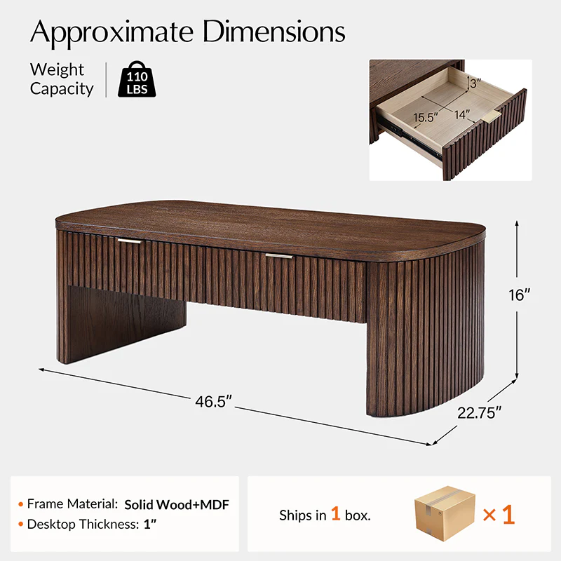 Rectangular modern coffee table with fluted drawer fronts, solid wood frame, oak veneer, and two concealed storage drawers