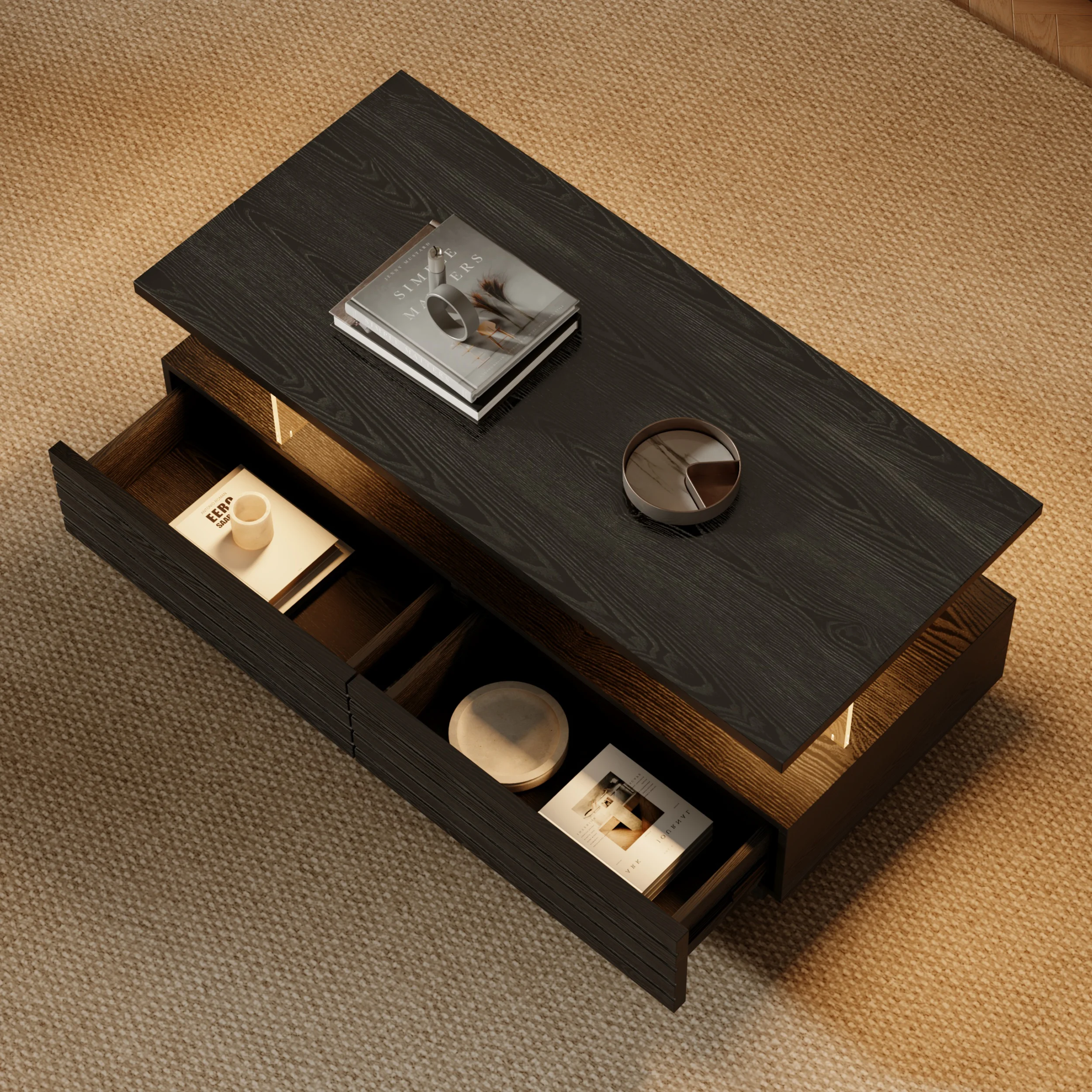 lumoe modern black led coffee table with drawers and shelves
