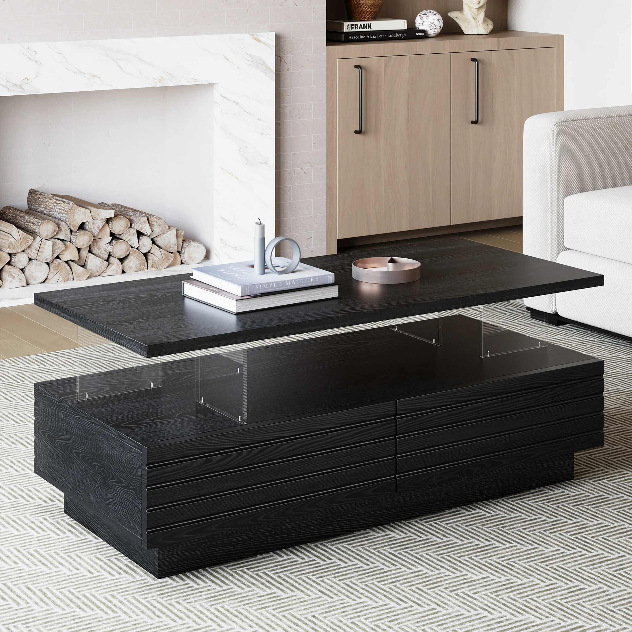 lumoe modern black led coffee table with drawers and shelves