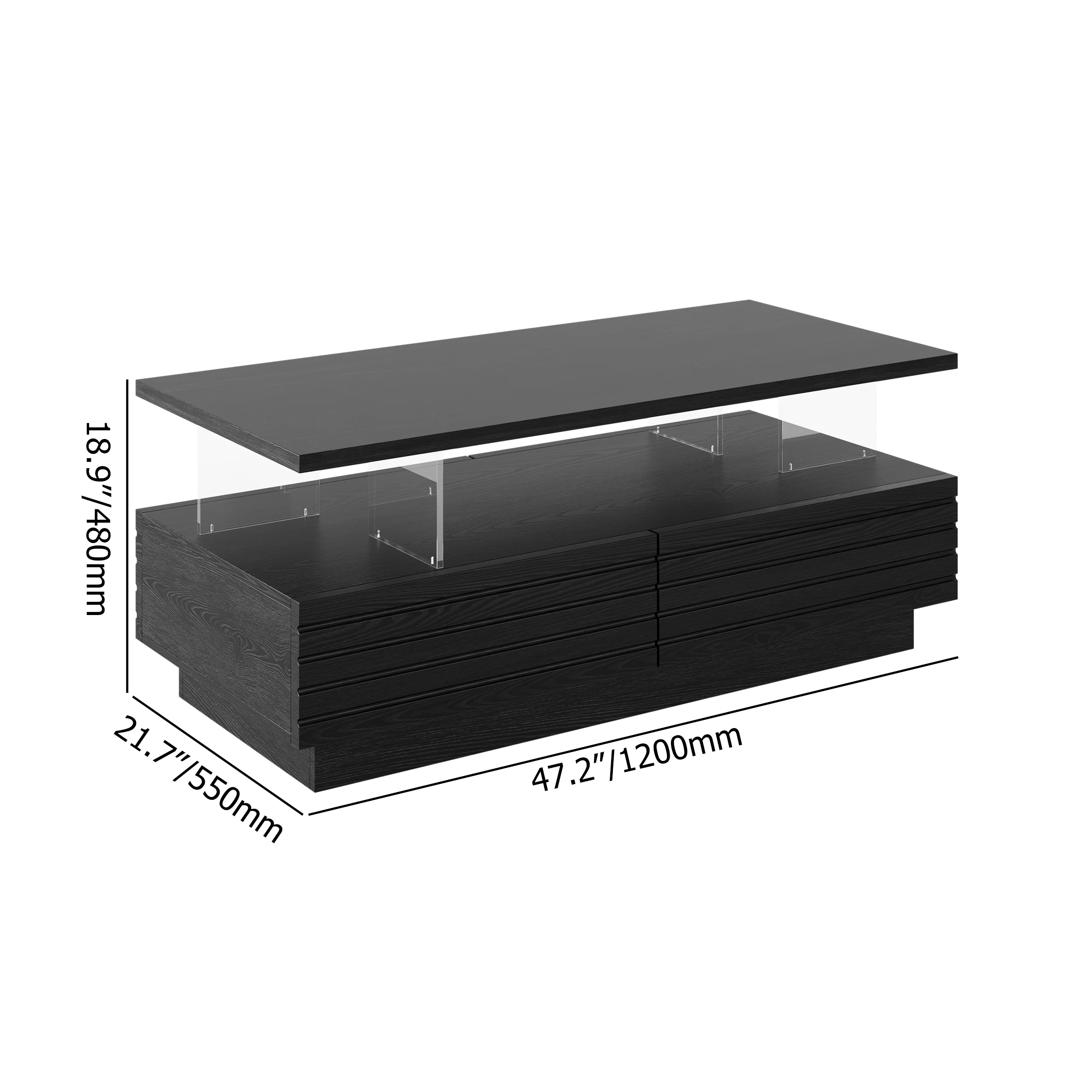 lumoe modern black led coffee table with drawers and shelves