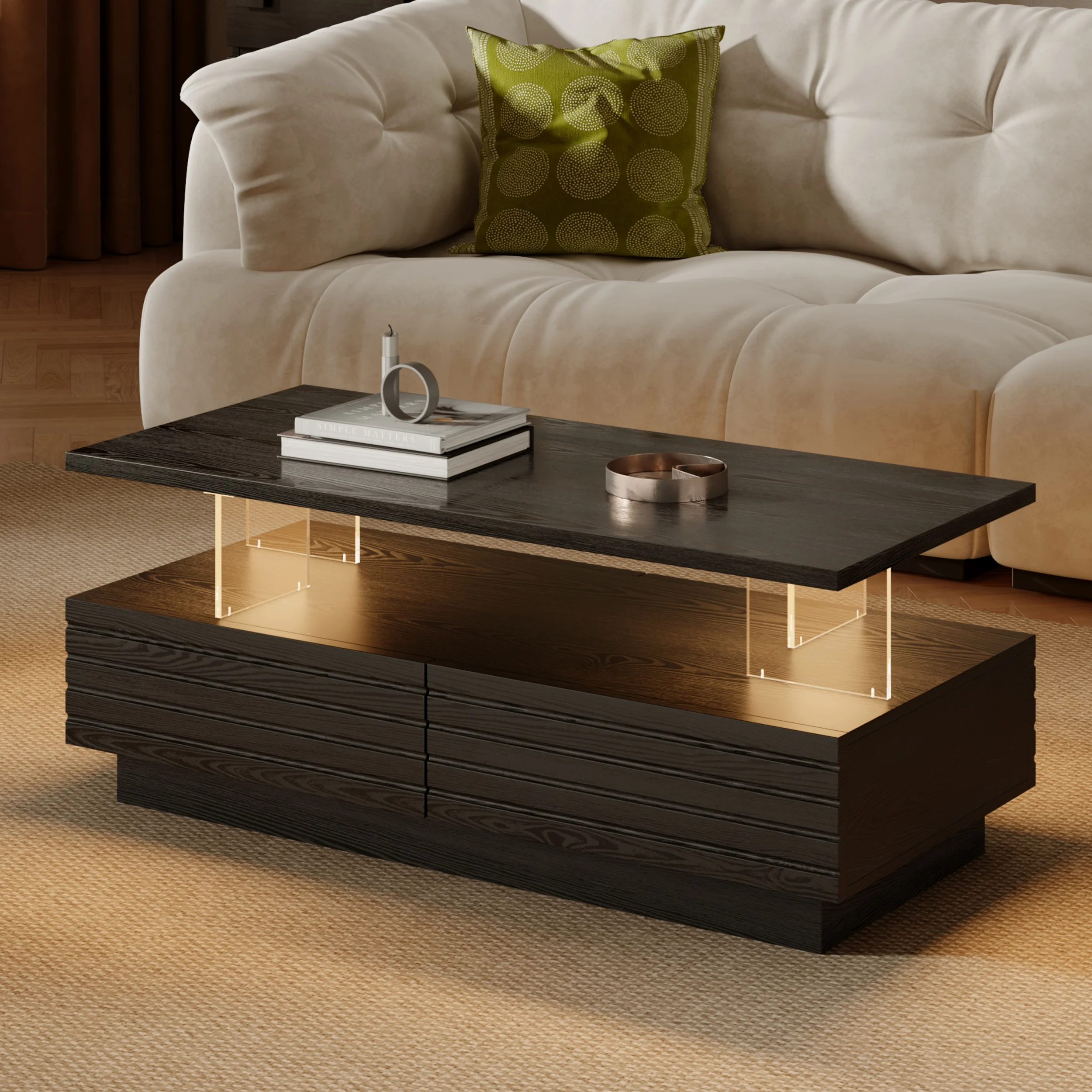 lumoe modern black led coffee table with drawers and shelves