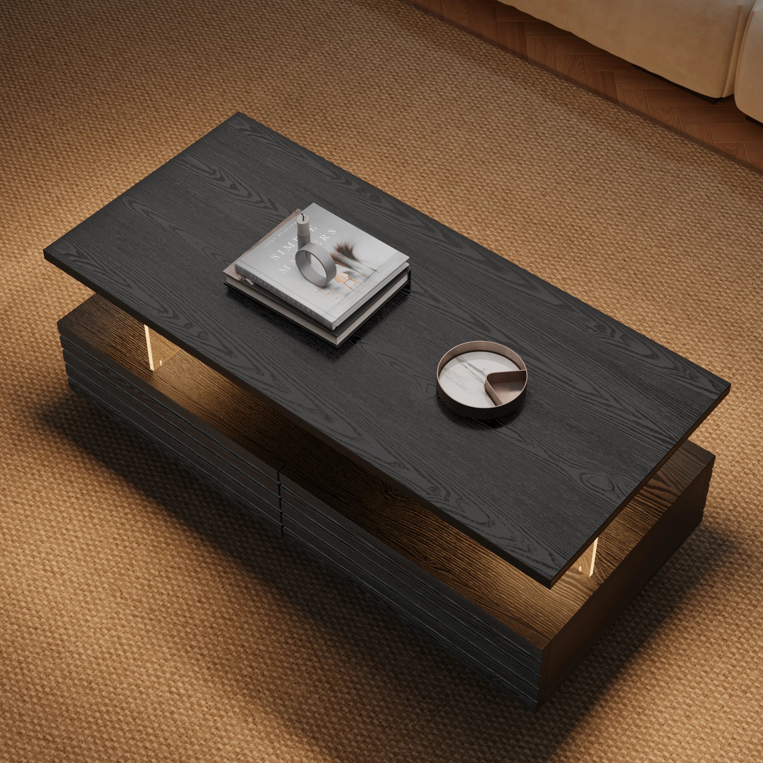 lumoe modern black led coffee table with drawers and shelves