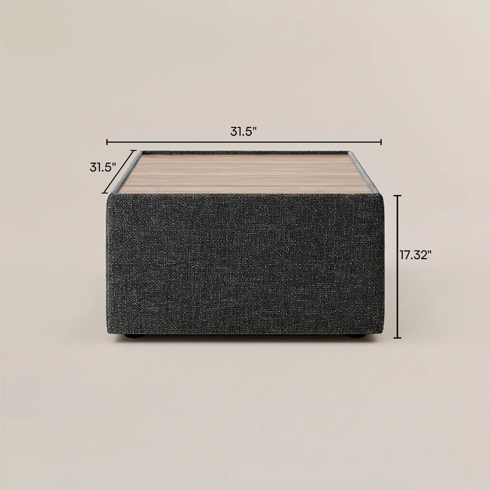 Gray chenille upholstered square coffee table, minimalist modern design, fully assembled, 35 kg weight capacity