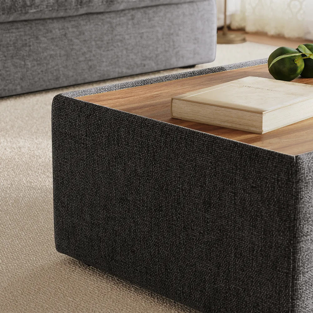 Gray chenille upholstered square coffee table, minimalist modern design, fully assembled, 35 kg weight capacity