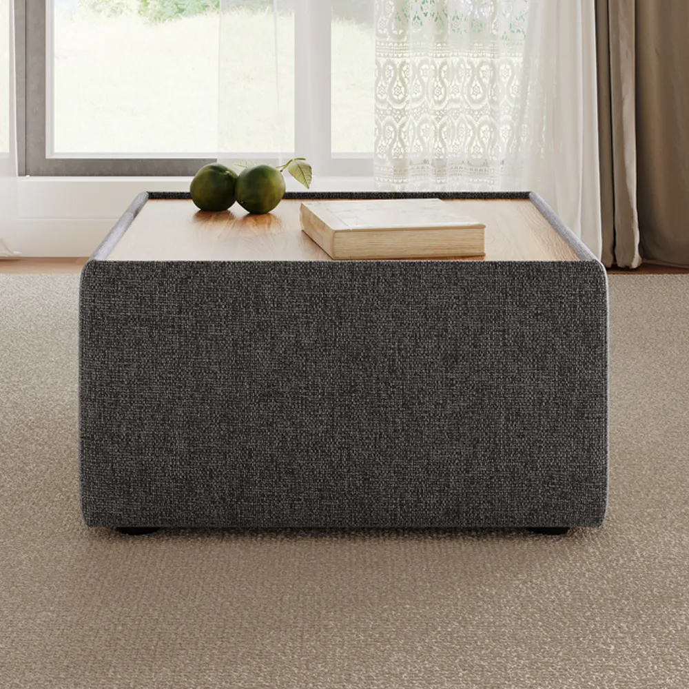 Gray chenille upholstered square coffee table, minimalist modern design, fully assembled, 35 kg weight capacity