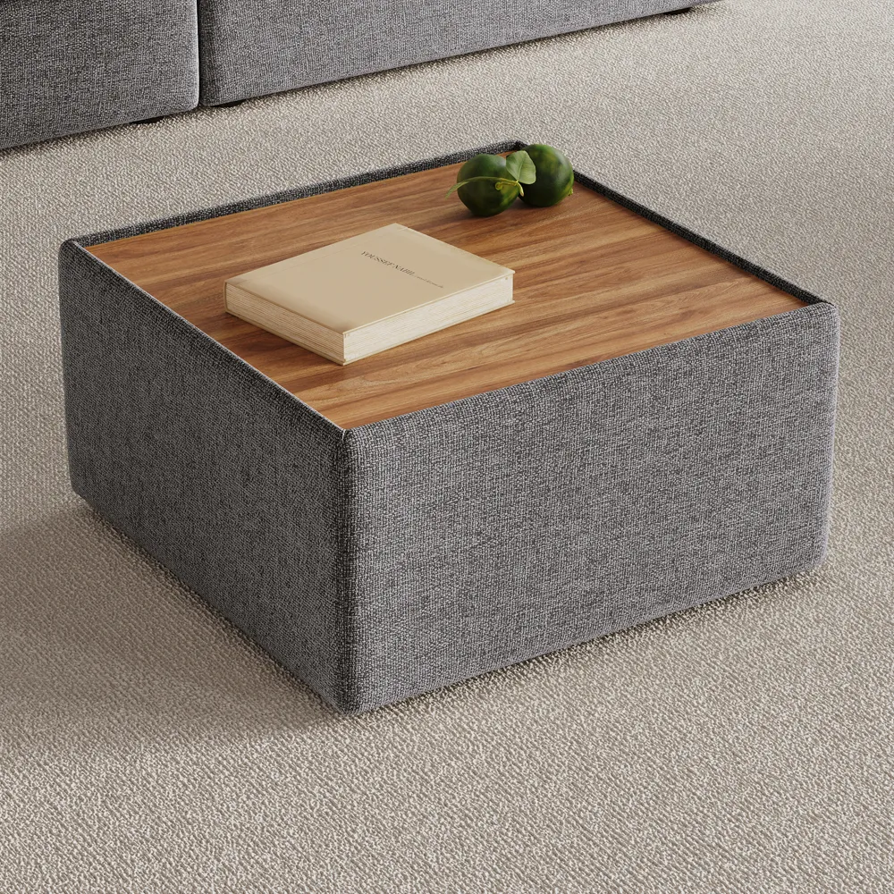 Gray chenille upholstered square coffee table, minimalist modern design, fully assembled, 35 kg weight capacity
