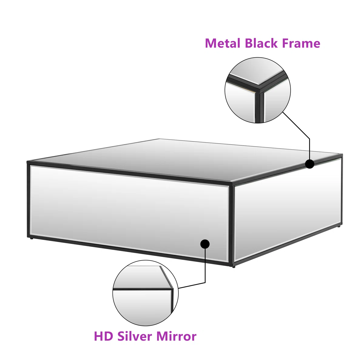 Square silver mirrored coffee table with reflective glass top and black metal frame, modern living room furniture piece"