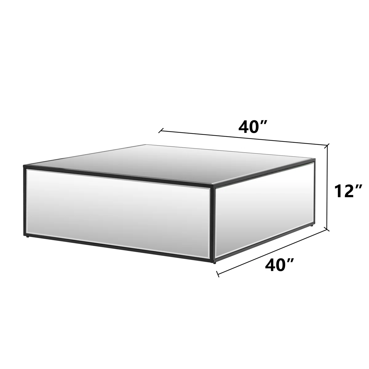 Square silver mirrored coffee table with reflective glass top and black metal frame, modern living room furniture piece"