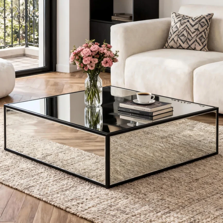 Square silver mirrored coffee table with reflective glass top and black metal frame, modern living room furniture piece"