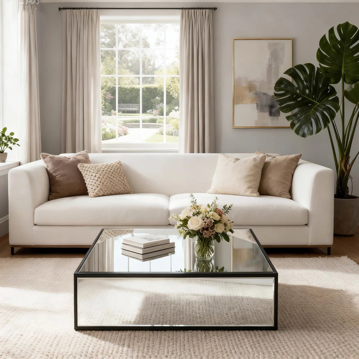 Square silver mirrored coffee table with reflective glass top and black metal frame, modern living room furniture piece"