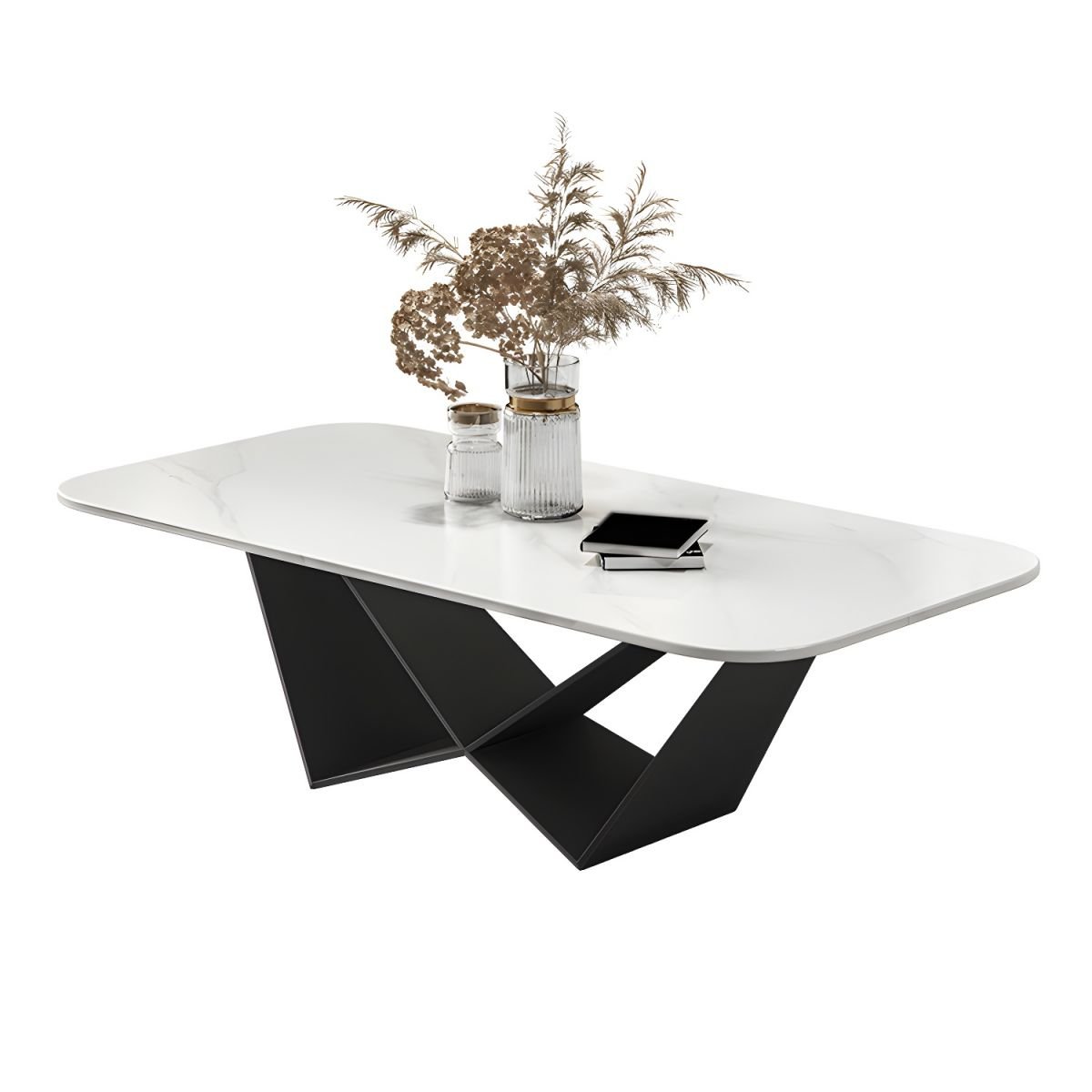LuxeCross White Stone Coffee Table with rectangular stone top and black steel cross-leg base, available in multiple sizes