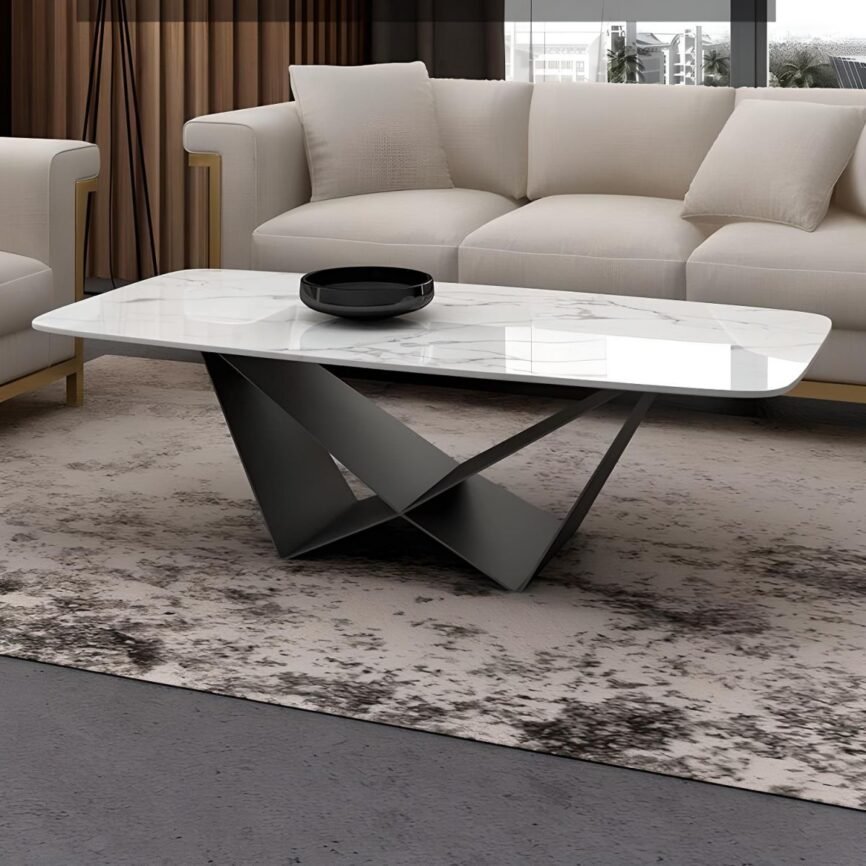 LuxeCross White Stone Coffee Table with rectangular stone top and black steel cross-leg base, available in multiple sizes