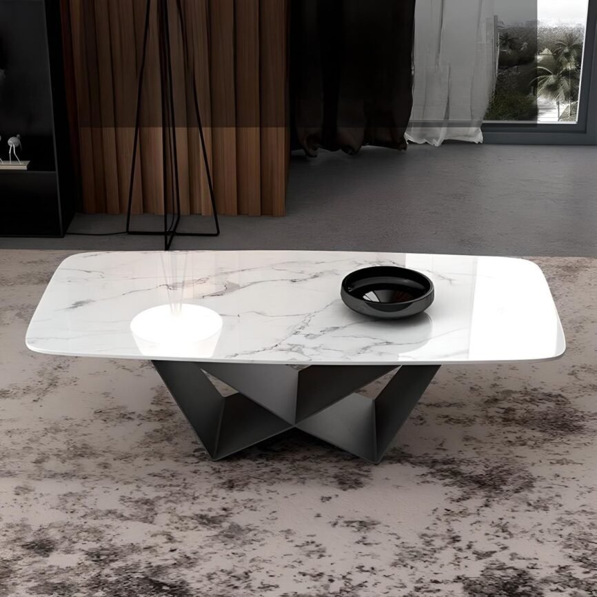 LuxeCross White Stone Coffee Table with rectangular stone top and black steel cross-leg base, available in multiple sizes