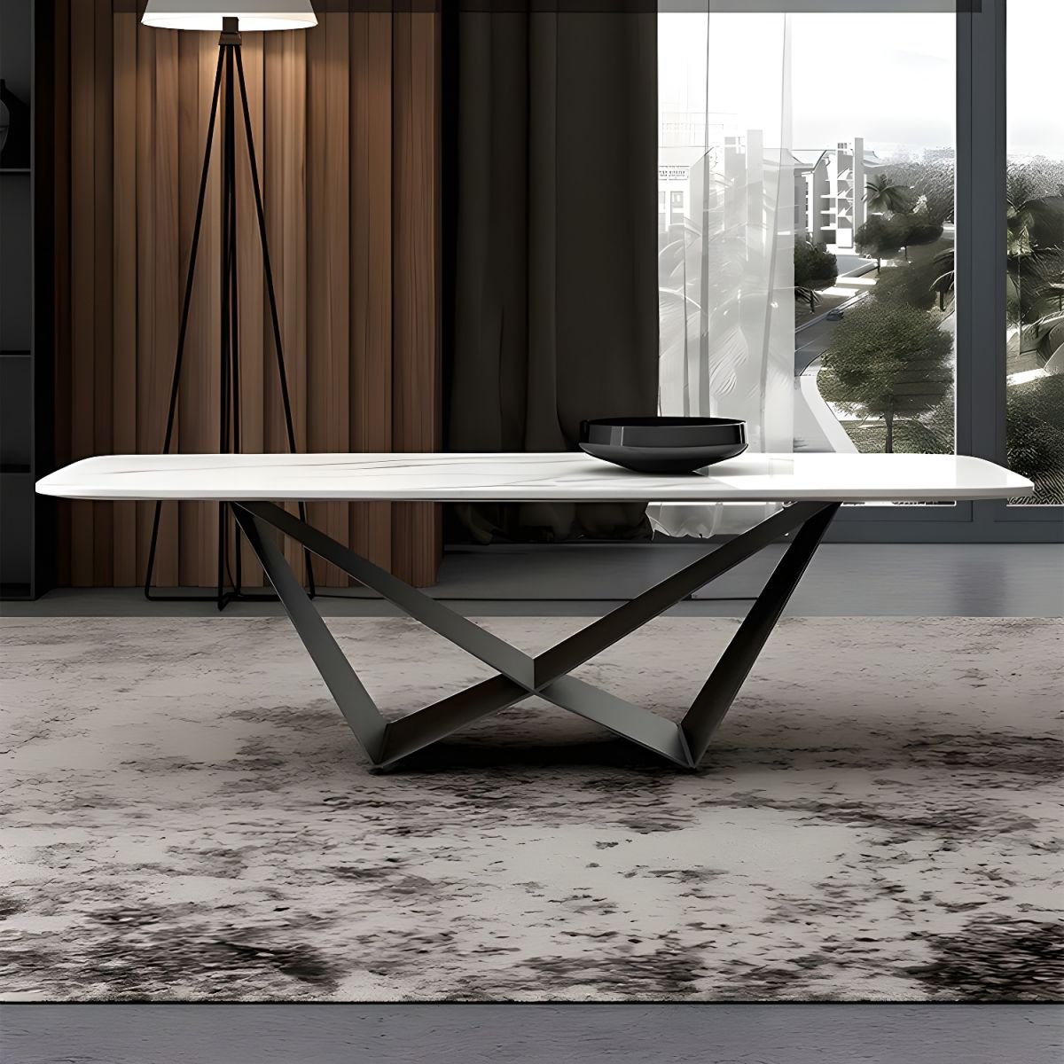 LuxeCross White Stone Coffee Table with rectangular stone top and black steel cross-leg base, available in multiple sizes