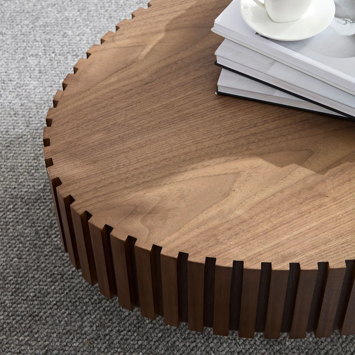 mdf oval coffee table with walnut finish and pedestal base