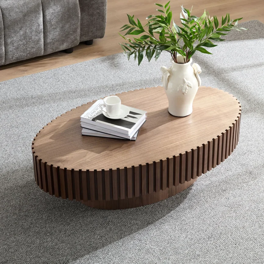 mdf oval coffee table with walnut finish and pedestal base