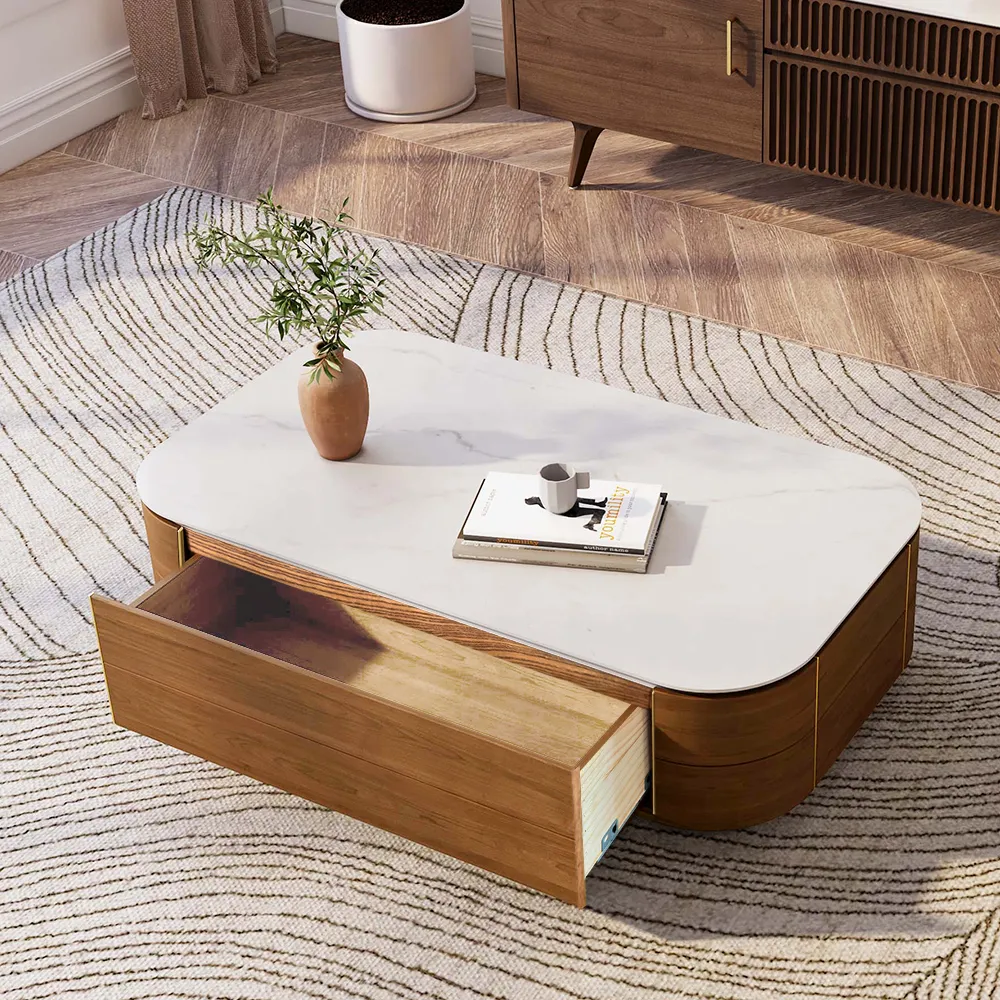 mid century modern walnut coffee table with sintered stone top