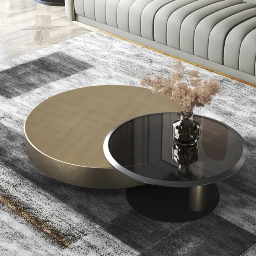 modern gold and black round nesting coffee table set with tempered glass tops