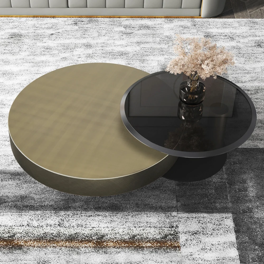 modern gold and black round nesting coffee table set with tempered glass tops