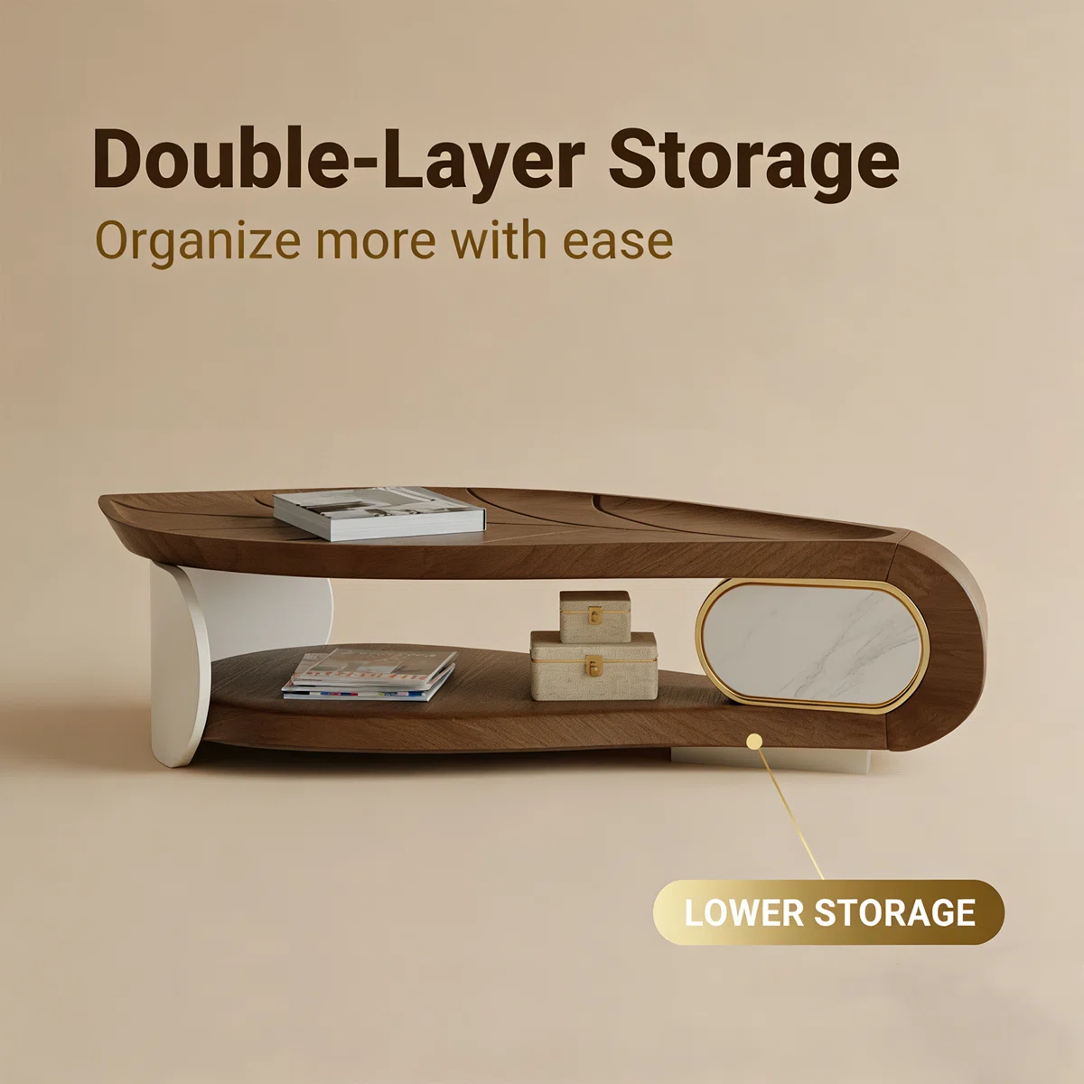 modern oval coffee table with walnut veneer and faux marble accent