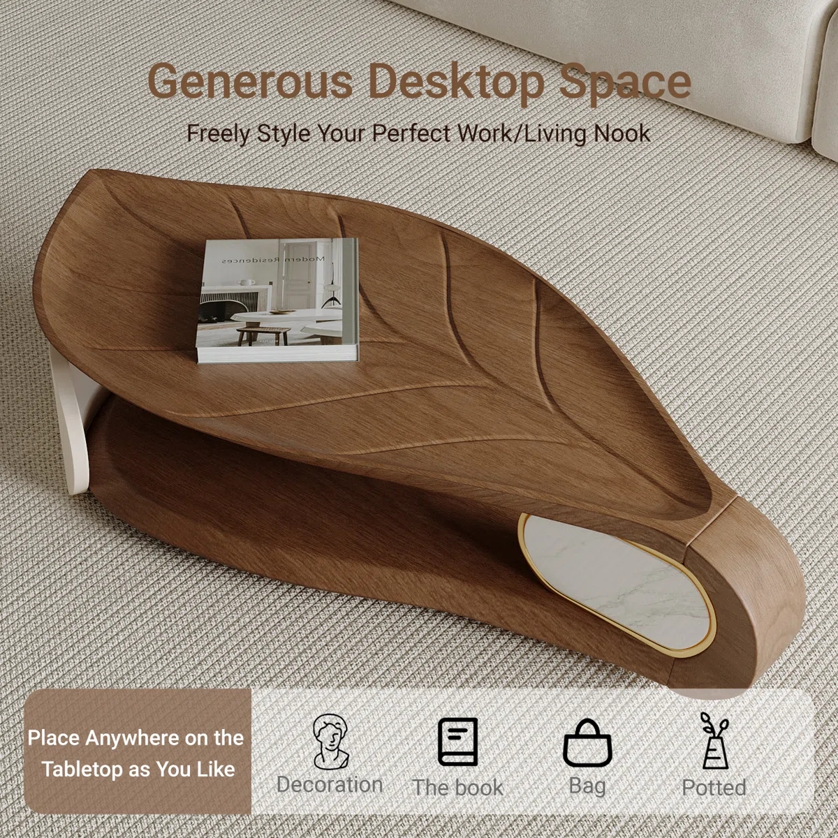 modern oval coffee table with walnut veneer and faux marble accent