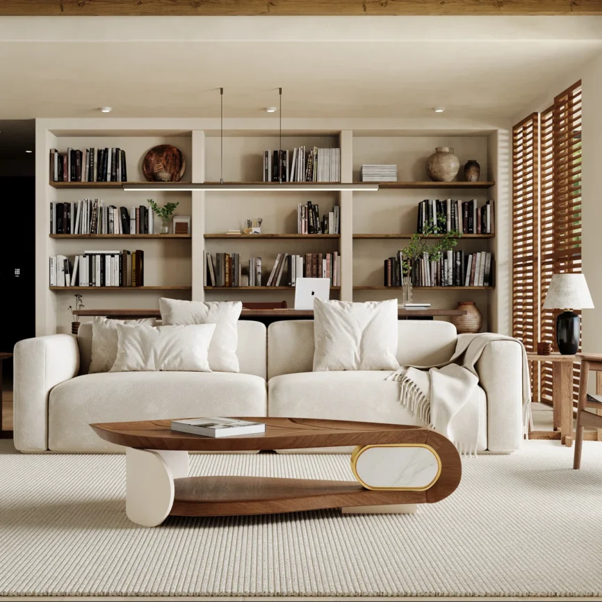 modern oval coffee table with walnut veneer and faux marble accent