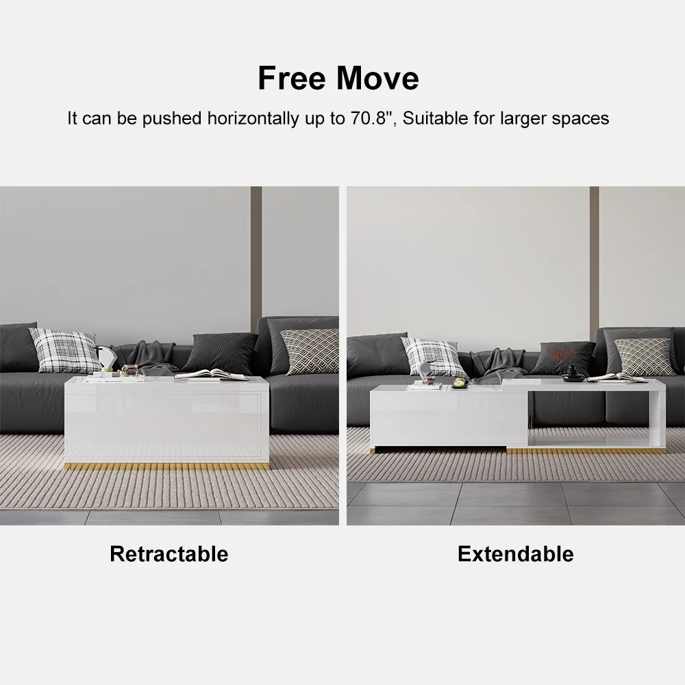 Modern extendable glossy white coffee table with stainless steel base, two drawers, and open storage.