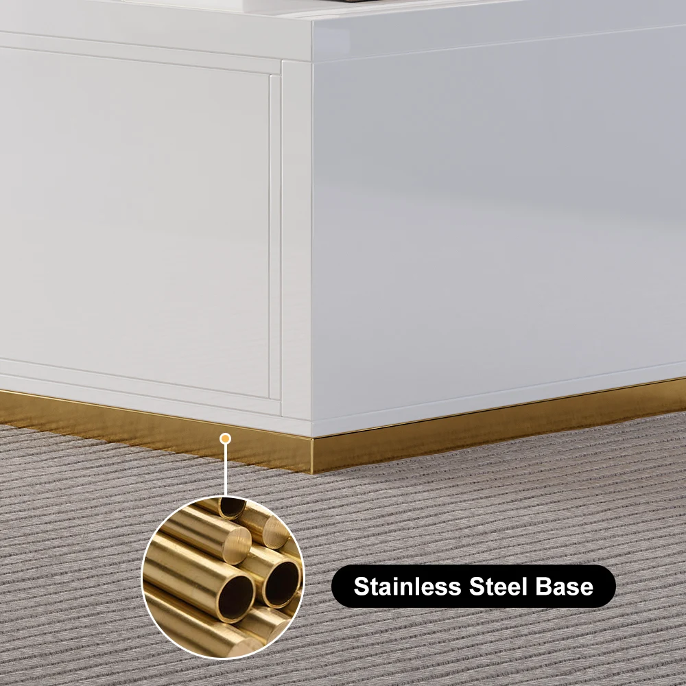 Modern extendable glossy white coffee table with stainless steel base, two drawers, and open storage.